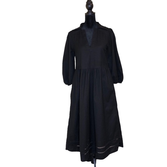 Anthro The Odells Black ALine VNeck Crochet Linen Blend Puff Sleeve Dress - Picture 1 of 13